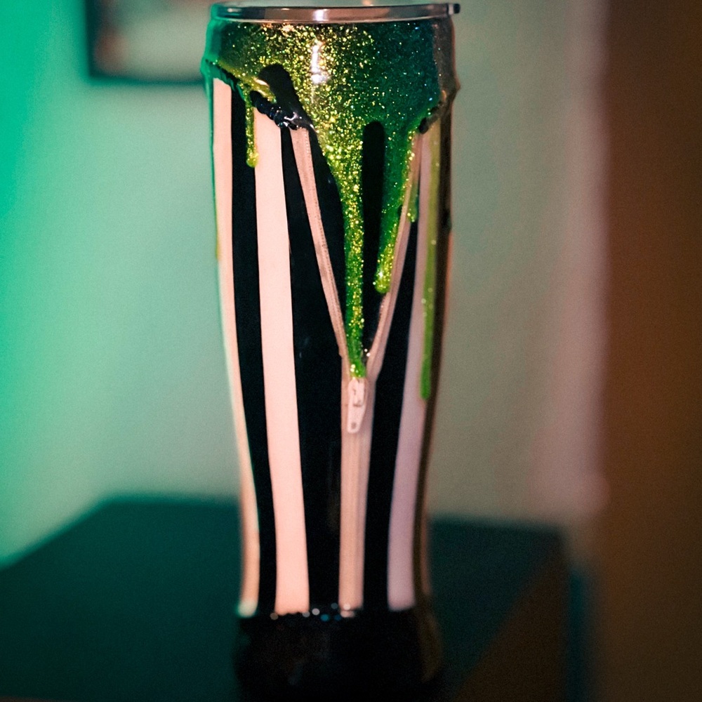 Custom Beetlejuice Striped 40 oz Tumbler with Green Glitter Drip and Corset Back